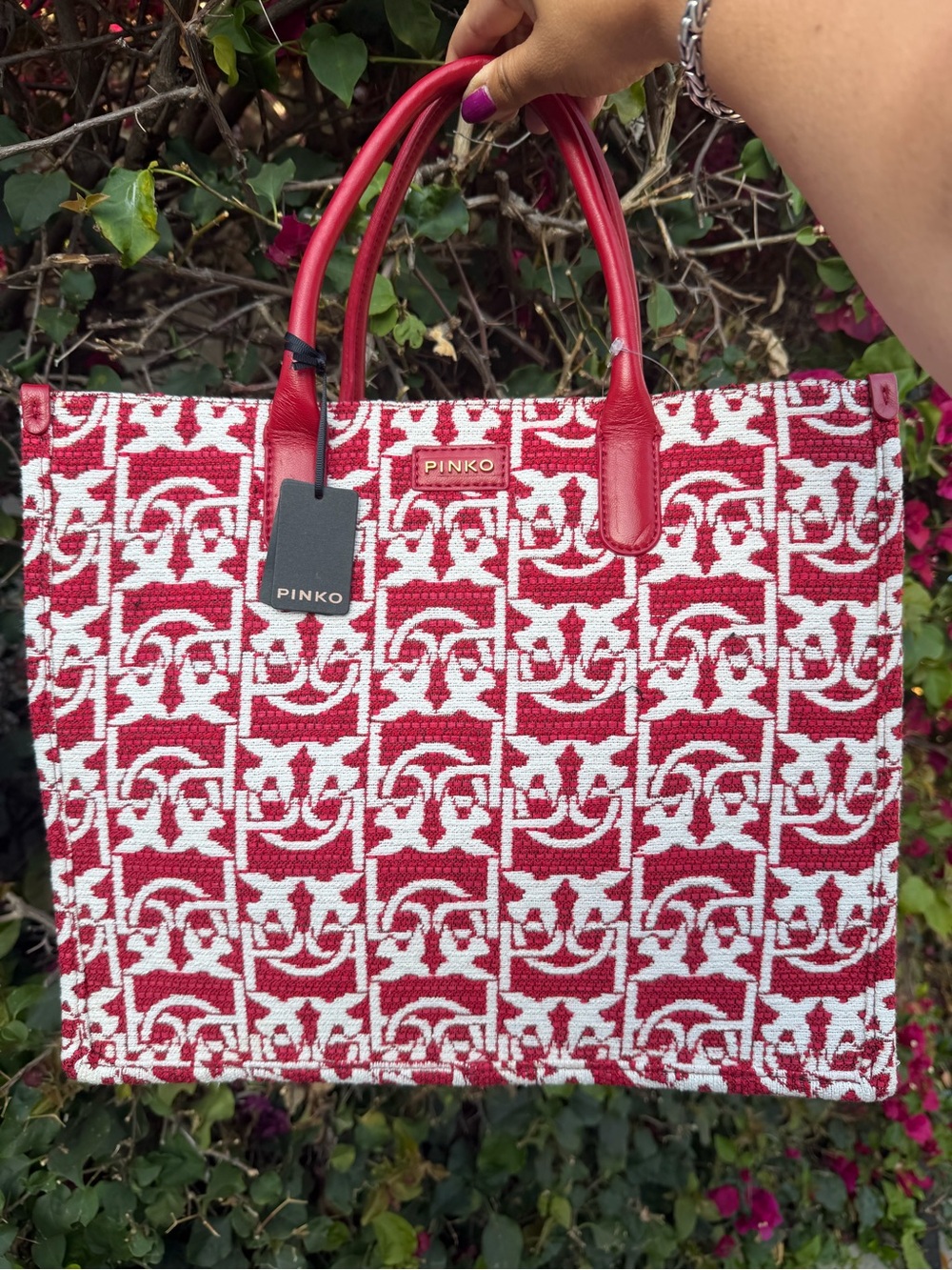 PINKO Red & White Monogram Woven Tote